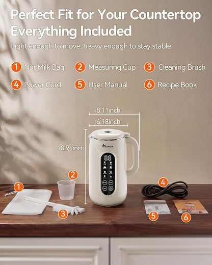 IAGREEA 10-in-1 Nut Milk Maker Machine 304 Stainless Steel Lid BPA Free, 35oz Soy Milk Maker for Homemade Milkshake, Almond, Oat, Plant-Based Drink, 10 Blades Blender with timer/Boil Water/Self Clean