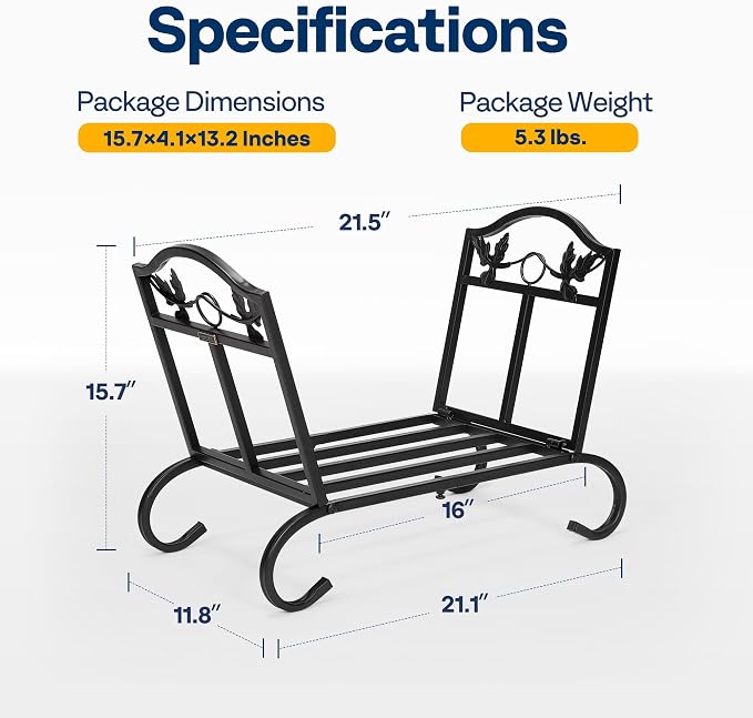 VIVOHOME 21.5 Inches Folding Firewood Storage Log Rack with Decorative Leaf Pattern and Detachable Arched Feet Wrought Iron Wood Holder Stacker Black