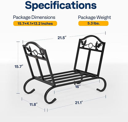 VIVOHOME 21.5 Inches Folding Firewood Storage Log Rack with Decorative Leaf Pattern and Detachable Arched Feet Wrought Iron Wood Holder Stacker Black