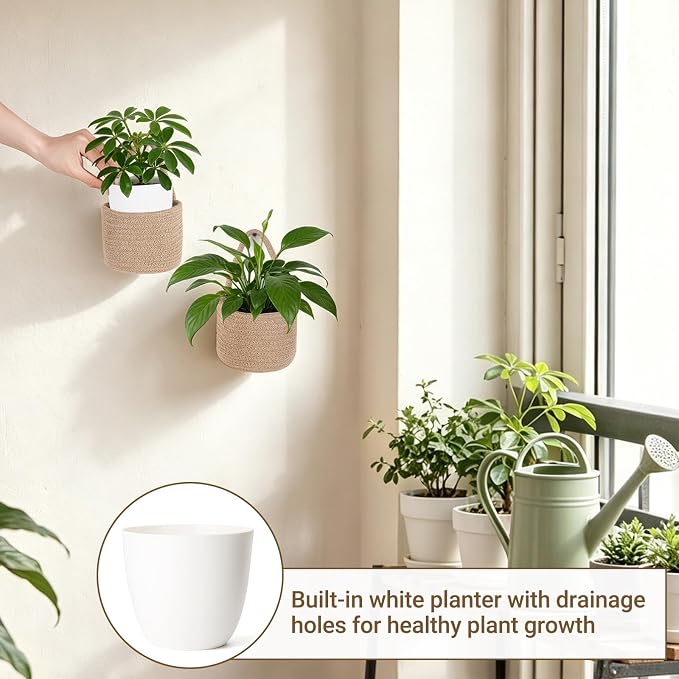 Dahey Small Hanging Baskets with Plastic Wall Planters Woven Wall Baskets for Indoor Plants Flowers, Boho Farmhouse Rustic Storage Organizer for Bedroom Living Dining Room Decor(No Plant Included)