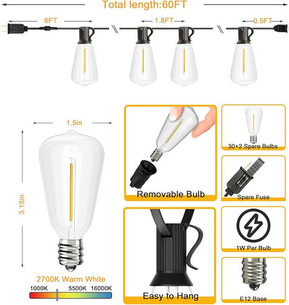 Svater Outdoor String Lights 60 FT, Patio Light Outside with 32 LED Bulbs | Waterproof Hanging Lighting, Shatterproof ST38 Vintage Edison Bulb, Connectable For Backyard Porch Balcony, 2700K Dimmable