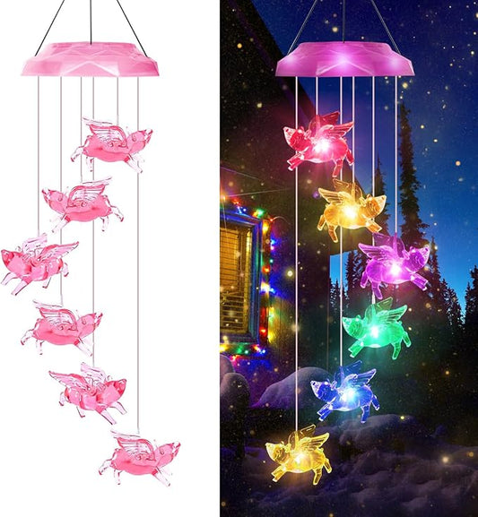 Solar Wind Chimes for Outside- Pig Wind Chimes Pink, | 7 Colors Changing Outdoor, Best Gifts for Mom Grandma Women Wife Aunt Sister, Hanging Wind Chime for Home Garden Yard Decor
