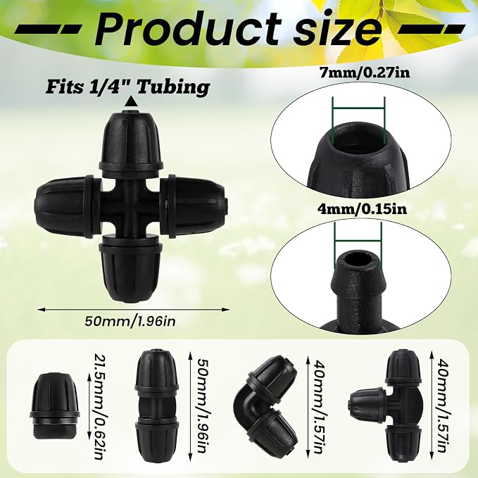 70 Pcs 1/4 Inch Drip Irrigation Fittings Kit,Drip Irrigation Hose Connector for 1/4 Inch Drip Tubing with 25 End Plugs, 15 Tees,10 Straight Couplings,10 Elbows,10 Cross 4-Way Connector