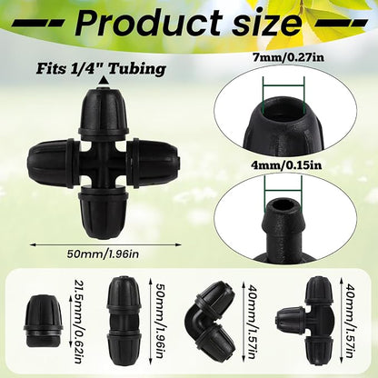 70 Pcs 1/4 Inch Drip Irrigation Fittings Kit,Drip Irrigation Hose Connector for 1/4 Inch Drip Tubing with 25 End Plugs, 15 Tees,10 Straight Couplings,10 Elbows,10 Cross 4-Way Connector