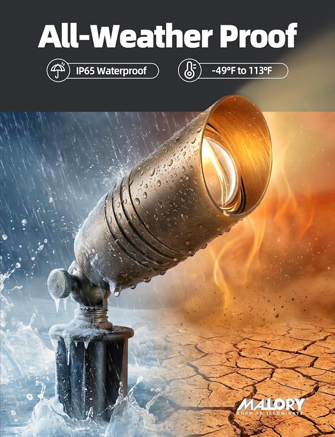 MALORY Brass Landscape Spotlights 1-Pack with MR16 Bulb(S02), 12V Low Voltage Landscape Lighting LED Outdoor Spot Uplights for House and Tree,PVC Ground Stake and Wire Connector Included, 5W 2700K
