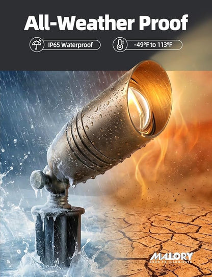 MALORY Brass Landscape Spotlights 1-Pack with MR16 Bulb(S02), 12V Low Voltage Landscape Lighting LED Outdoor Spot Uplights for House and Tree,PVC Ground Stake and Wire Connector Included, 5W 2700K