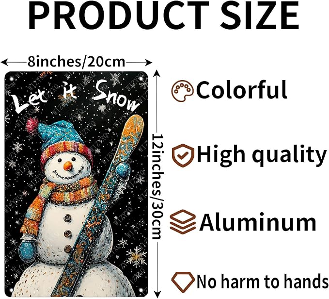 Tin Signs Snowman Let It Snow Metal Signs Winter Aluminum Sign for Home Cafe Bar Yard Office Farmhouse Kitchen Wall Decor 12×8 Inch