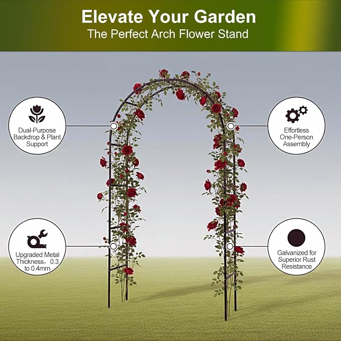 Garden Arch Galvanized Metal Rust-Proof Heavy Duty for Climbing Vines Roses | 7.6ft H x 4.6ft W Upgrade Garden Arbor for Plants, Flowers, Clematis, Jasmine, Party Decor for Wedding, Halloween, Christmas