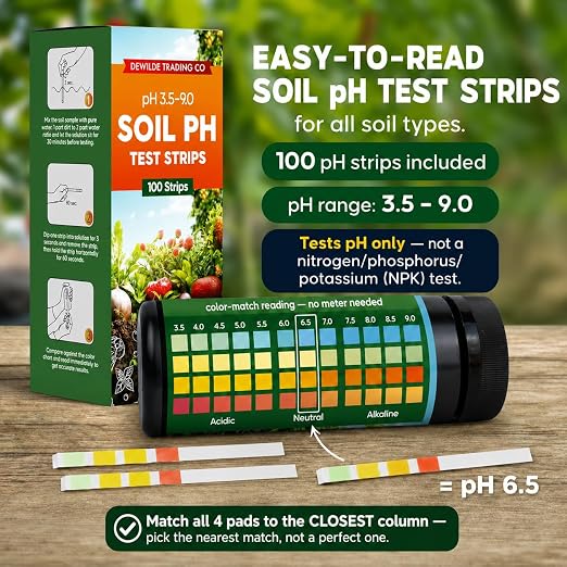 Soil Test Kit – 100 Soil pH Test Strips (3.5–9 Range) for Garden, Lawn & Indoor Plants – Easy At-Home Soil Testing