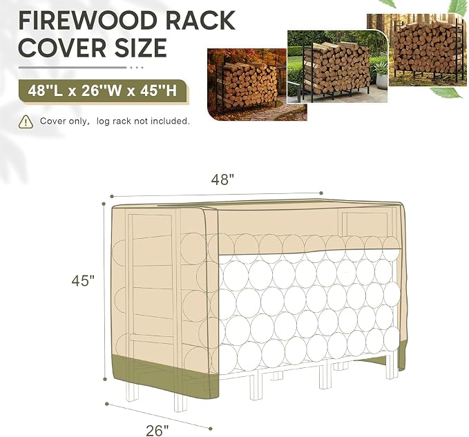 COWVIE Waterproof Firewood Rack Cover, 4 FT | Zipper and Air Vent, 600D Heavy-Duty, For Wood Rack, For Outdoor Firewood Storage Rack