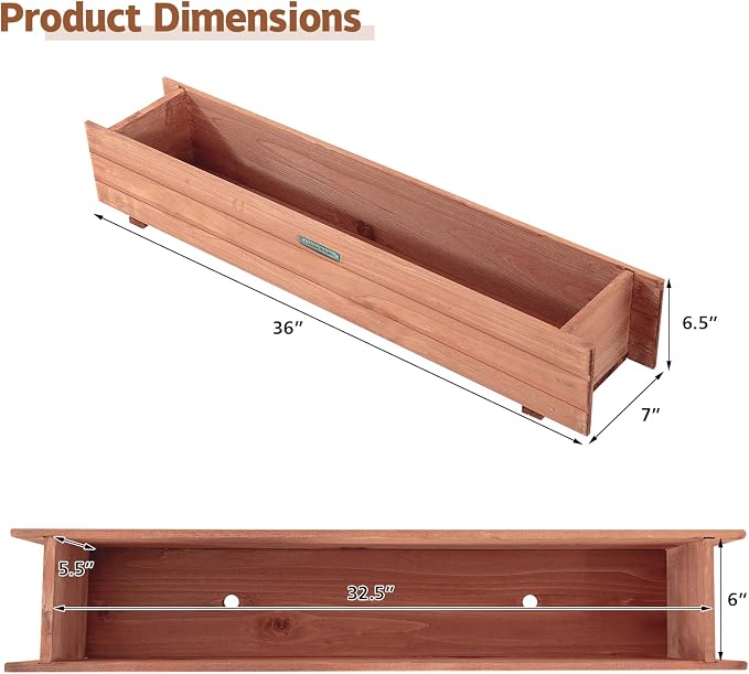 Giantex Raised Garden Bed Set of 2, 36" x 7" x 6.5" Wooden Elevated Planter Box for Flower Vegetable Herb Garden, Window Mounted Plant Box for Planting Garden Backyard Patio