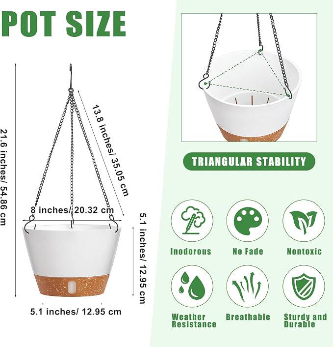 Amyhill 6 Pcs 8 Inch Hanging Planter for Indoor Plants Self Watering Hanging Pot Baskets with Drainage Hole Visible Water Level Tray with Hooks for Garden Outdoor(White)