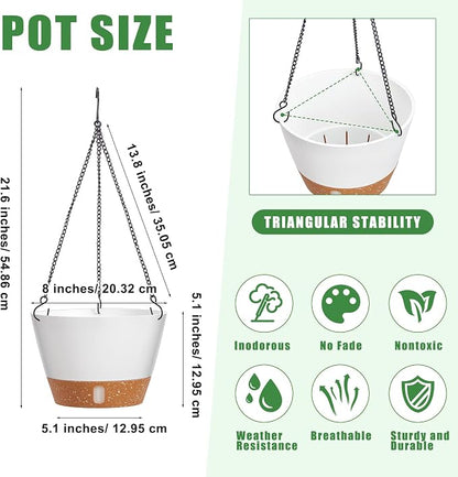 Amyhill 6 Pcs 8 Inch Hanging Planter for Indoor Plants Self Watering Hanging Pot Baskets with Drainage Hole Visible Water Level Tray with Hooks for Garden Outdoor(White)