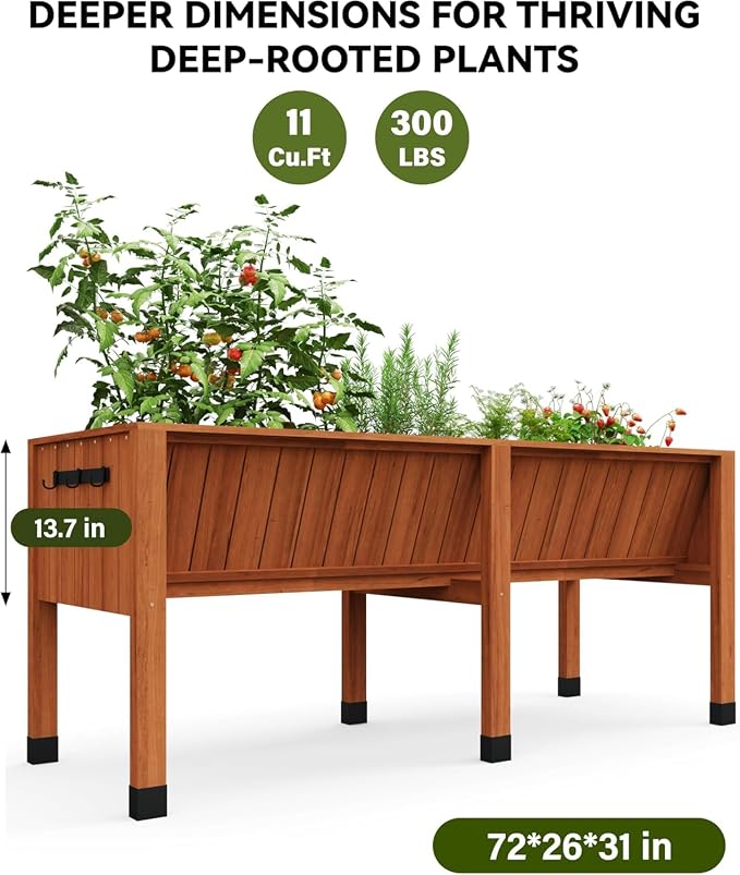 KYBOLT 72x26x31 Inch Raised Garden Bed with Legs, 13.7In Depth Wooden Planter Box for Outdoor Growing Vegetables and Herbs, Elevated Garden Bed with Hooks for Backyard, Patio, Balcony