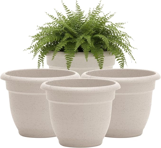 Bloem Ariana 8" Plastic Self-Watering Planter, Vanilla Bean, 4-Pack | Self-watering disk at the bottom of each pot that acts as a water wick and reservoir for optimal plant health