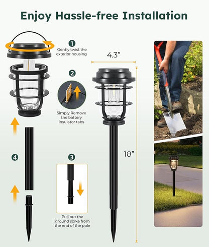 Vuees 6-Pack Solar Pathway Lights, 3-in-1 Design Outdoor Garden Patio Decor | 3000K warm glow, stake, tabletop or hanging setup, no wiring, rain-ready build, walkway, poolside and deck placement