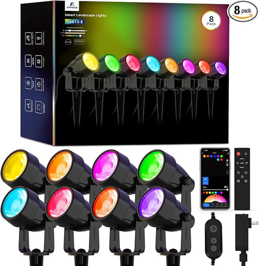 APPECK Landscape Lighting, RGBW Low Voltage Landscape Lights with APP Control, IP65 Waterproof Outdoor Spot Lights, Color Changing Spotlights for Yard, Garden,Trees, Patio & Holiday Decor, 8 Pack