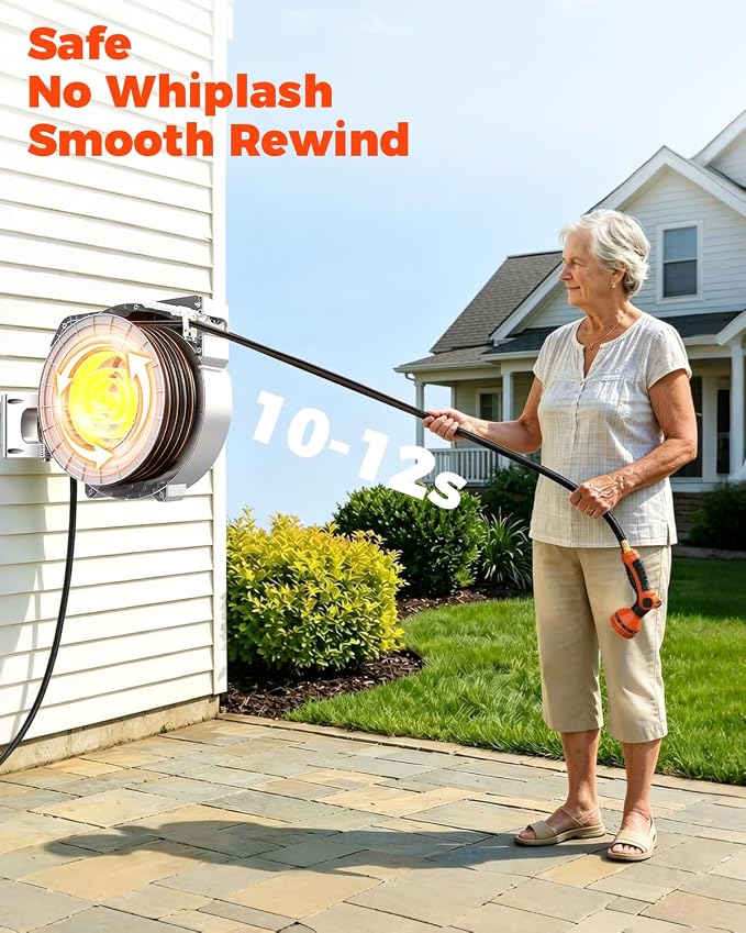 5/8 in 100ft Retractable Garden Hose Reel with Any-Length Lock Slow Auto Rewind Heavy Duty Water Hose Reel With 9-Pattern Nozzle 180° Swivel Bracket UV Resistant Wall Mounted Hose Reel for Outside