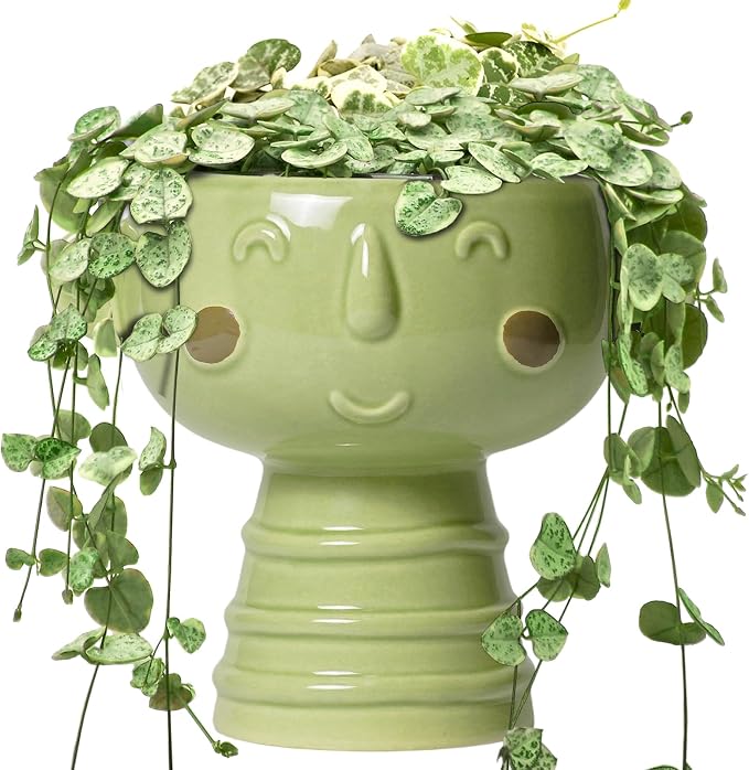 Face Planter Pots Head - 7 Inch Ceramic Succulent Plant Pots with Drainage Hole, Cute Head Planters for Indoor Outdoor Plants, Room Desk Office Decor, Plant Lover Gifts, Green