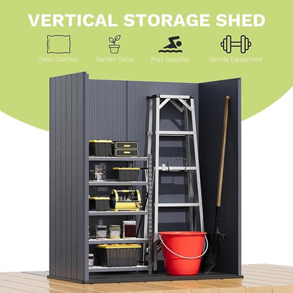 Devoko 5x3 FT Resin Storage Shed with Floor, Small Plastic Vertical Outdoor Cabinet with Lockable Door, Waterproof Tool Garden Shed for Backyard Patio Lawn, Dark Gray