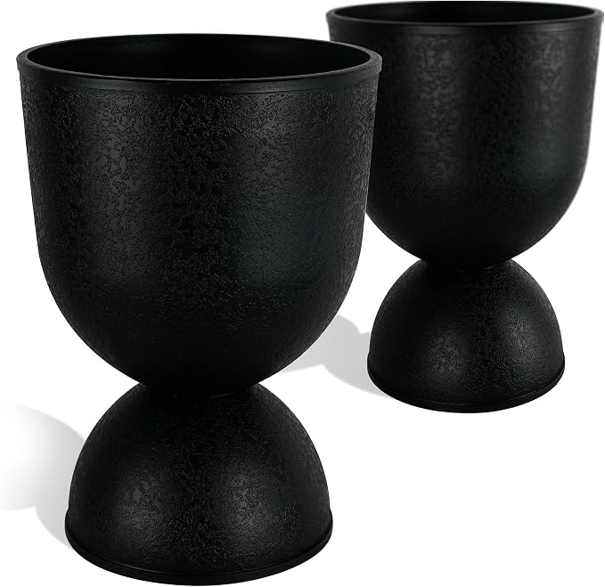 KOL Planters Flower Pots, Plastic Urn Planters for Indoor Outdoor Plants, Black Pedestal Planter Pots 2 Pack, 15 Inch Tall Decorative Planters with Drainage Holes & Plugs for Front Porch Patio Garden