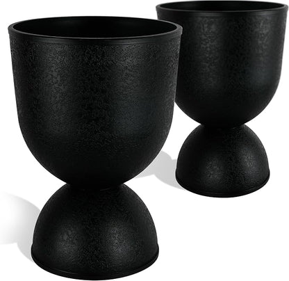 KOL Planters Flower Pots, Plastic Urn Planters for Indoor Outdoor Plants, Black Pedestal Planter Pots 2 Pack, 15 Inch Tall Decorative Planters with Drainage Holes & Plugs for Front Porch Patio Garden