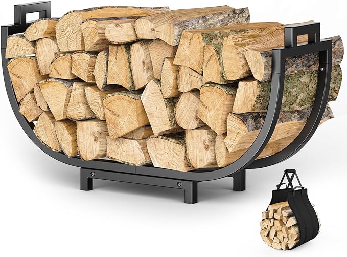 Elbourn Firewood Rack, 24 Inch Indoor Fireplace Log Holder with Carrier, Thickened Metal Rustproof Wood Storage Rack