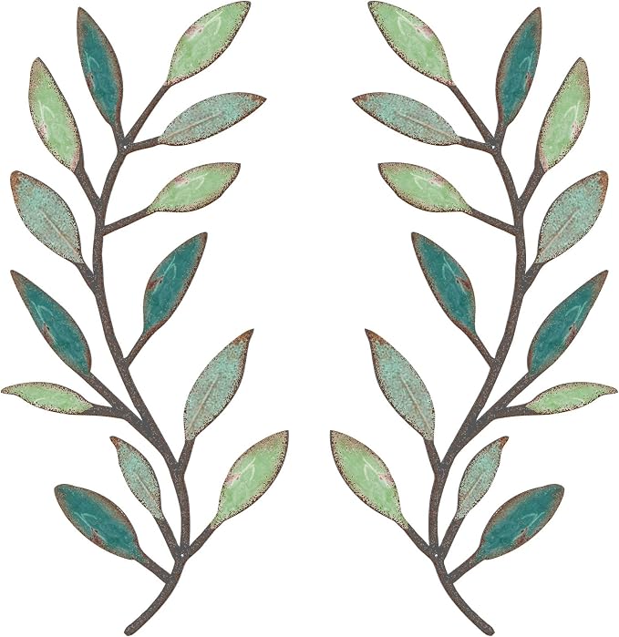 Zhengmy 2 Pieces Metal Tree Leaf Wall Decor Vine Olive Branch Leaf Wall Art Living Room, Hallway Wall Decor Outdoor Decoration(Gradient Green)