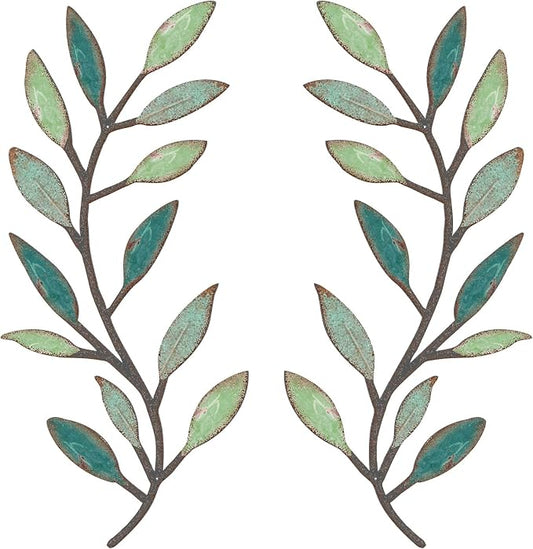 Zhengmy 2 Pieces Metal Tree Leaf Wall Decor Vine Olive Branch Leaf Wall Art Living Room, Hallway Wall Decor Outdoor Decoration(Gradient Green)