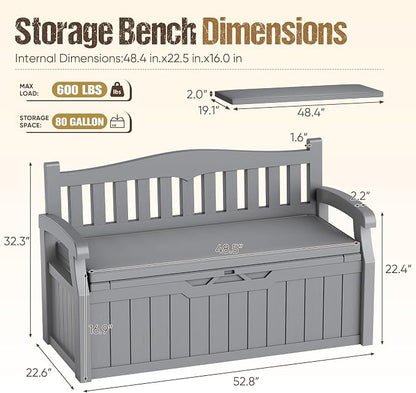 80-Gallon Outdoor Storage Bench with Cushion, Lockable Waterproof Deck Box with Armrests for Patio, Garden, Pool, Gray