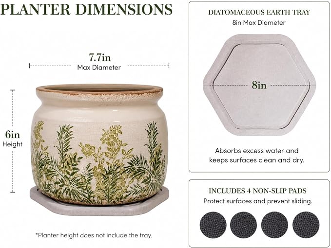 Cottage Ceramic Flower Pots with Decorative Saucer, Plant Lover Gifts | 7.7" Large Indoor Plant Pot, Handmade Antique Crackled Glaze Planter, Rustic Farmhouse Home Decor, Gardening Gifts For Women