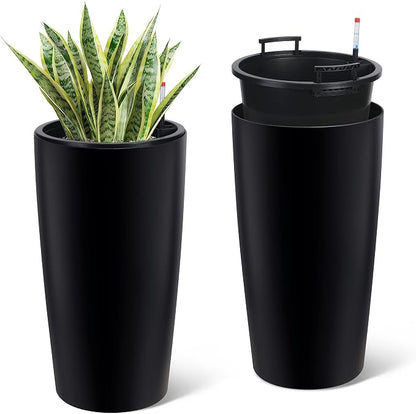 Garvee Tall Planters for Outdoor Plants, 30 in Large Planters Set of 2, Outdoor & Indoor Planters with Water Level Monitor ＆ Inner Bucket, Automatic Watering, for Porch, Patio, Backyard, Black