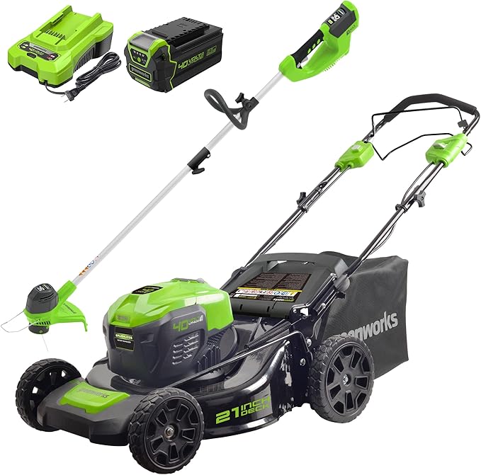 Greenworks 40V 21" Brushless Cordless Self-Propelled Electric Lawn Mower, String Trimmer, 5.0Ah Battery and Charger