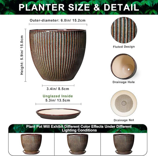 6 Inch Plant Pot, Ceramic Pots for Plants with Drainage Hole and Saucer, Decorative Planters for Indoor Plants, Small Flower Pots, Home Office Room Decor, Gifts for Plant Lovers, Retro Brown
