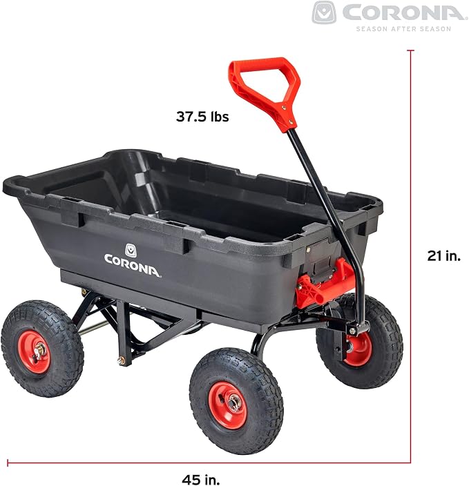 Corona Poly Dump Cart 400 Pound Capacity Quick Release Dumping 10 Inch Pneumatic Tires for Gardening