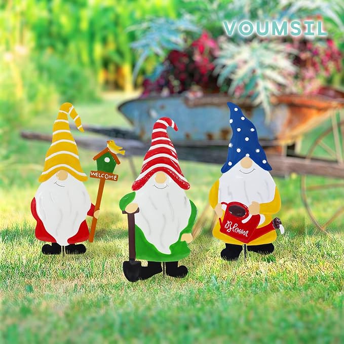 Garden Gnomes Decorative Stakes, 3-Piece Metal Silhouette Elf Decor | Outdoor Iron Yard Silhouettes Set, Waterproof Weather Resistant Elf Lawn Ornaments for Patio Porch Wall Decoration