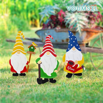 Garden Gnomes Decorative Stakes, 3-Piece Metal Silhouette Elf Decor | Outdoor Iron Yard Silhouettes Set, Waterproof Weather Resistant Elf Lawn Ornaments for Patio Porch Wall Decoration