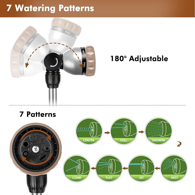 RESTMO Heavy Duty Metal Hose Wand, Watering Wand for Garden Hose | 180° Swivel Ratcheting Head, 16'' Hose Sprayer, 7 Spray Patterns, Flow Control, Ideal for Hanging Baskets & Shrubs, Gold