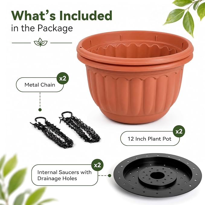 YIKUSH 12 Inch Hanging Planters for Outdoor Plants, 2 Pack Plastic Hanging Flower Pots with Drainage Hole & Tray, Hanging Basket Style Pots for Porch Patio Balcony Decor (Terracotta Color)