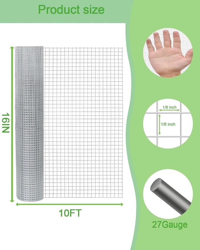 Hardware Cloth 16in x 10ft 1/8 Inch 27 Gauge, Hot-Dipped Galvanized Welded Wire Mesh, Low Carbon Steel, Animal Cage Wire Netting, Garden Wire Mesh