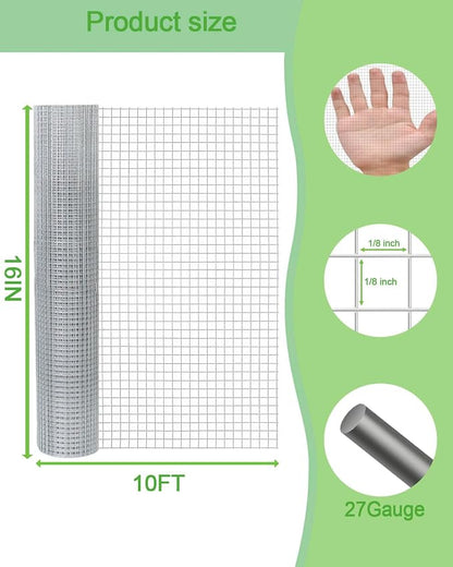 Hardware Cloth 16in x 10ft 1/8 Inch 27 Gauge, Hot-Dipped Galvanized Welded Wire Mesh, Low Carbon Steel, Animal Cage Wire Netting, Garden Wire Mesh