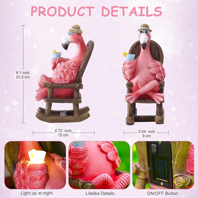 Solar Flamingo Statue for Outdoor Garden Decor - Resin Flamingo Fairy Garden Decor - Suitable for Home Desk Garden Lawn Patio Porch Decor, Unique Gifts for Mom Grandma (8.1 inch)