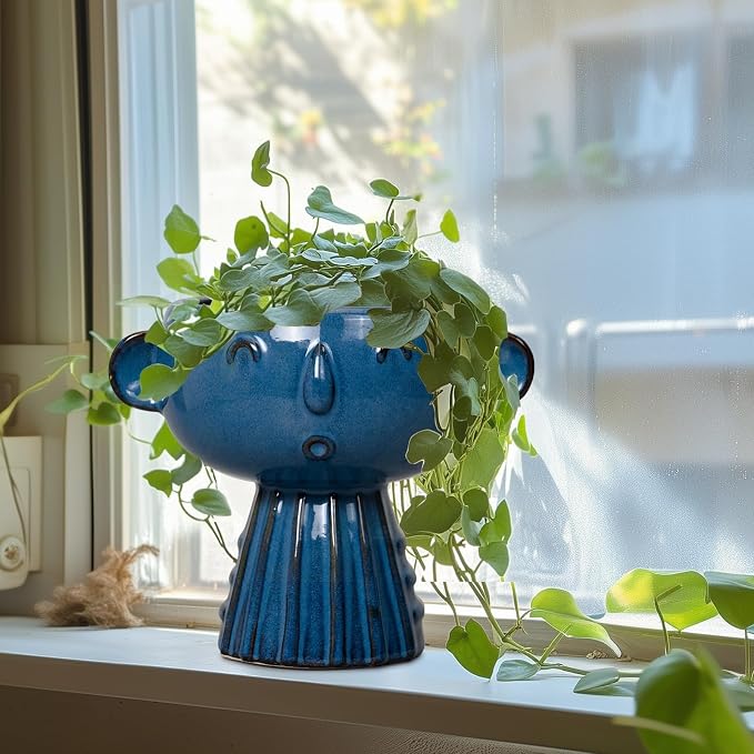 Head Planter Pot - 7 Inch Cute Face Planter for Indoor Outdoor Plants Ceramic Succulent Pot Round Flower Pot Present for Mother Christmas with Drainage Hole Blue