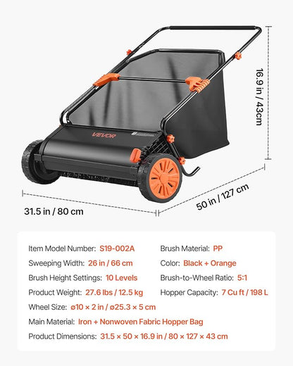 VEVOR Push Lawn Sweeper 26 in Leaf & Grass Collector 7 cu. ft. Hopper Bag | Heavy Duty Yard Sweeper with Adjustable Brush Height, Spinning Brushes, Rubber Wheels for Leaves Grass Cleanup, Black/Orange