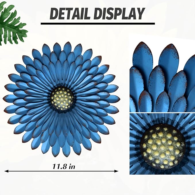 AHYS Metal Flowers Wall Decor Indoor Outdoor Metal Wall Art for Farmhouse Home Living Room Bedroom Bathroom Garden Decor – Blue