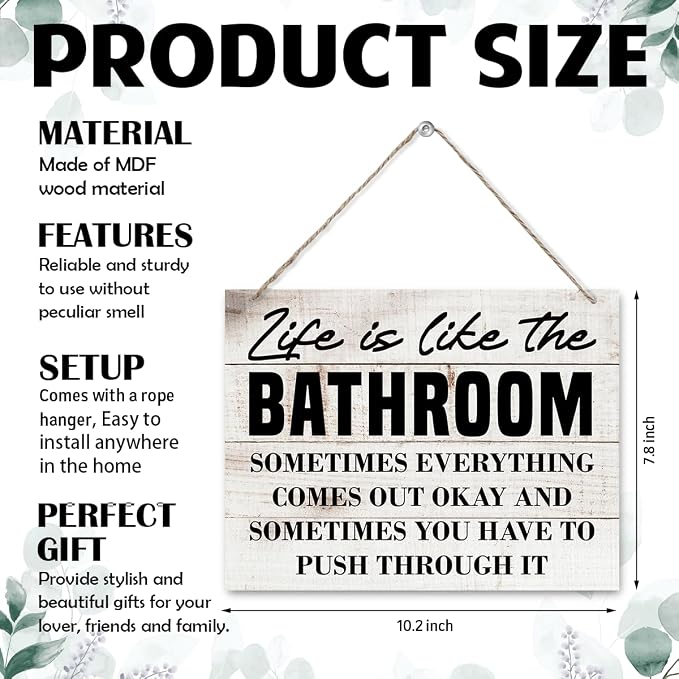 Funny Bathroom Decor - Life is Like the Bathroom, Decorative Wood Wall Sign, Funny Wooden Hanging Wall Sign, Rustic Wood Decor for Home Restaurant or Business 7.9 x 10.2 Inches