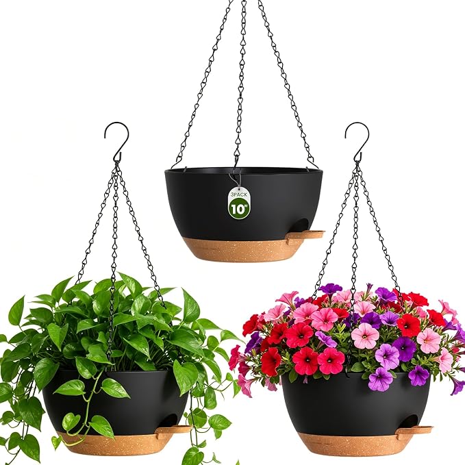 10 Inch Self-Watering Hanging Planters Set of 3 with Saucers | Set of 3 10-inch self-watering hanging planters with extra growing space, side-fill ports, chain hangers & snap-on saucers
