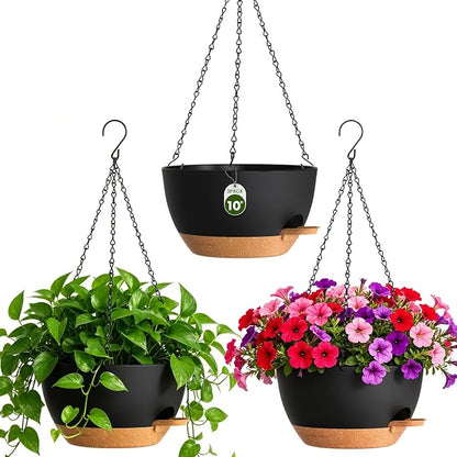 10 Inch Self-Watering Hanging Planters Set of 3 with Saucers | Set of 3 10-inch self-watering hanging planters with extra growing space, side-fill ports, chain hangers & snap-on saucers