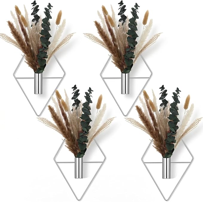 Jexine 8 Pcs Hanging Planters with Artificial Pampas Metal Hanging Vase Indoor Plants Holder Modern Geometric Boho Bathroom Wall Decor for Living Room Home Office(Chrome Silver)