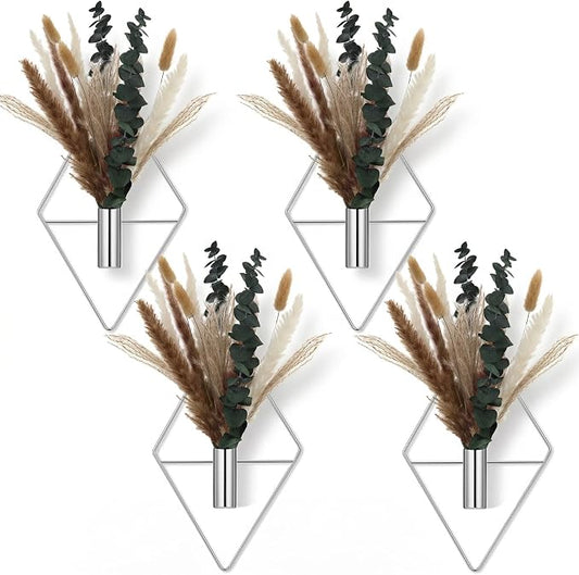 Jexine 4 Pcs Hanging Planters with Artificial Pampas Chrome Silver Metal Hanging Vase Indoor Plants Holder Modern Geometric Boho Bathroom Wall Decor for Living Room Home Office